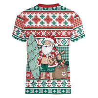 Hawaiian Funny Santa Surf Women V-Neck T-Shirt Mele Kalikimaka Palaka Quilt Pattern - Polynesian Pride