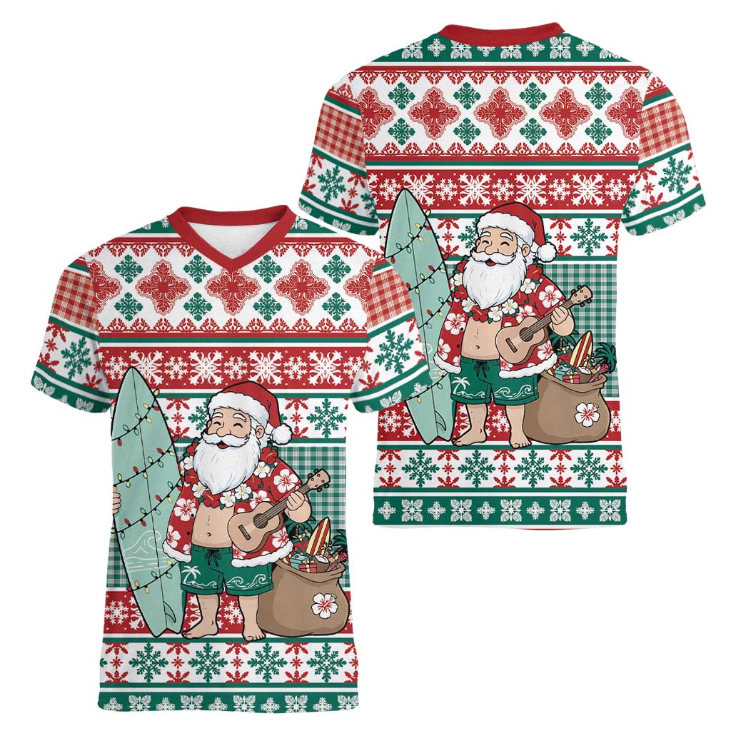 Hawaiian Funny Santa Surf Women V-Neck T-Shirt Mele Kalikimaka Palaka Quilt Pattern - Polynesian Pride