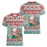 Hawaiian Funny Santa Surf Women V-Neck T-Shirt Mele Kalikimaka Palaka Quilt Pattern - Polynesian Pride