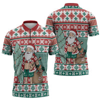 Hawaiian Funny Santa Surf Zipper Polo Shirt Mele Kalikimaka Palaka Quilt Pattern - Polynesian Pride