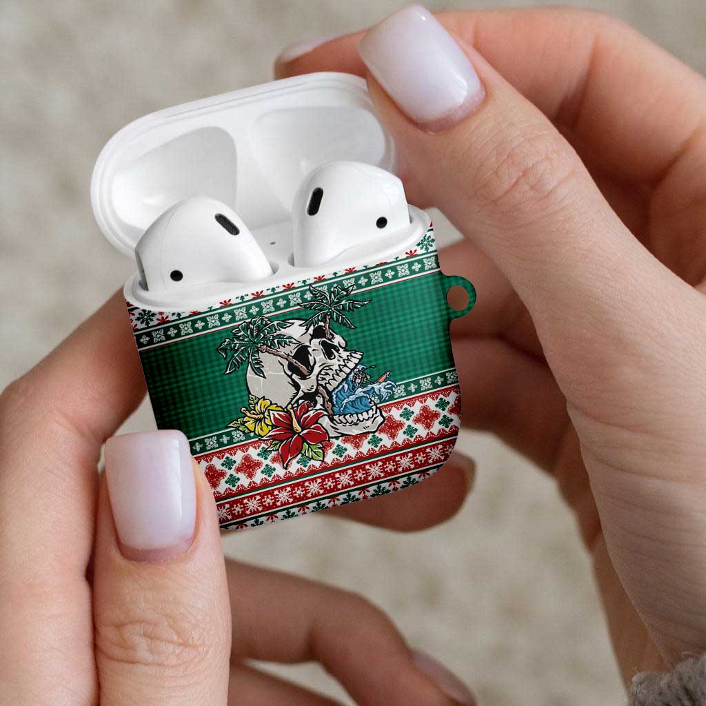 Hawaiian Skull Surfs AirPods Case Mele Kalikimaka Palaka Quilt Pattern - Polynesian Pride
