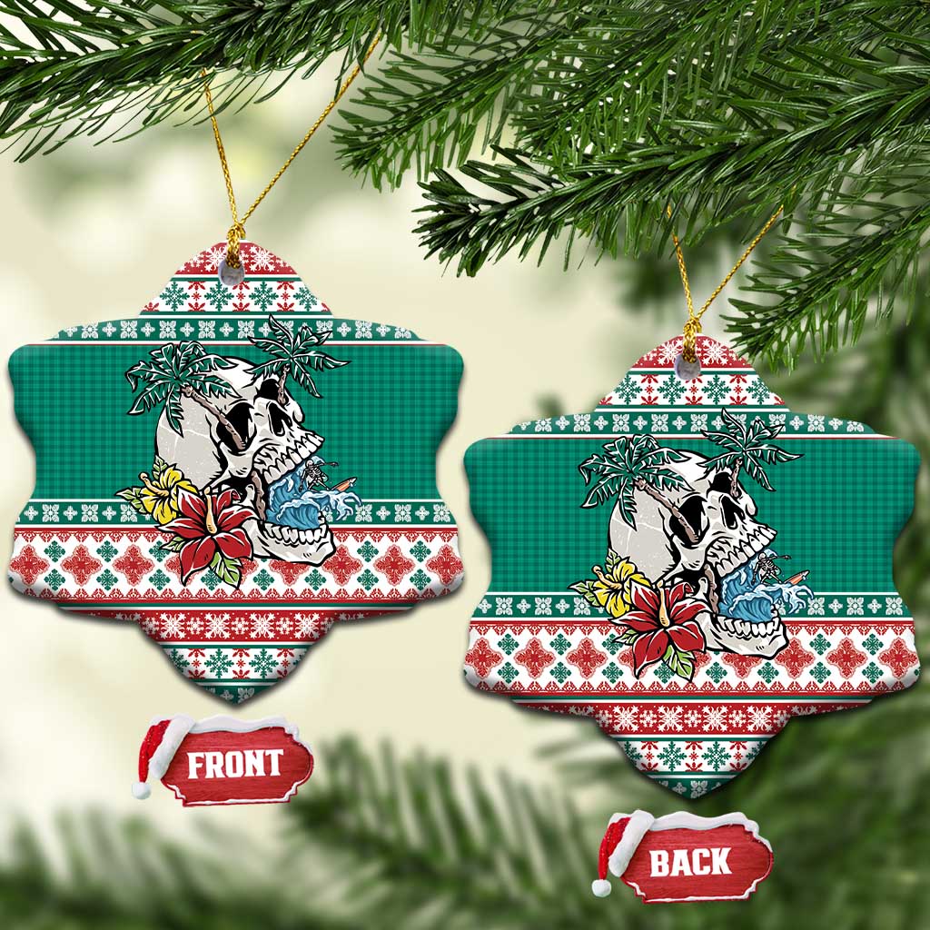 Hawaiian Skull Surfs Ceramic Ornament Mele Kalikimaka Palaka Quilt Pattern - Polynesian Pride
