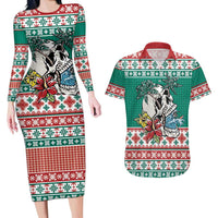 Hawaiian Skull Surfs Couples Matching Long Sleeve Bodycon Dress and Hawaiian Shirt Mele Kalikimaka Palaka Quilt Pattern LT9 Green - Polynesian Pride