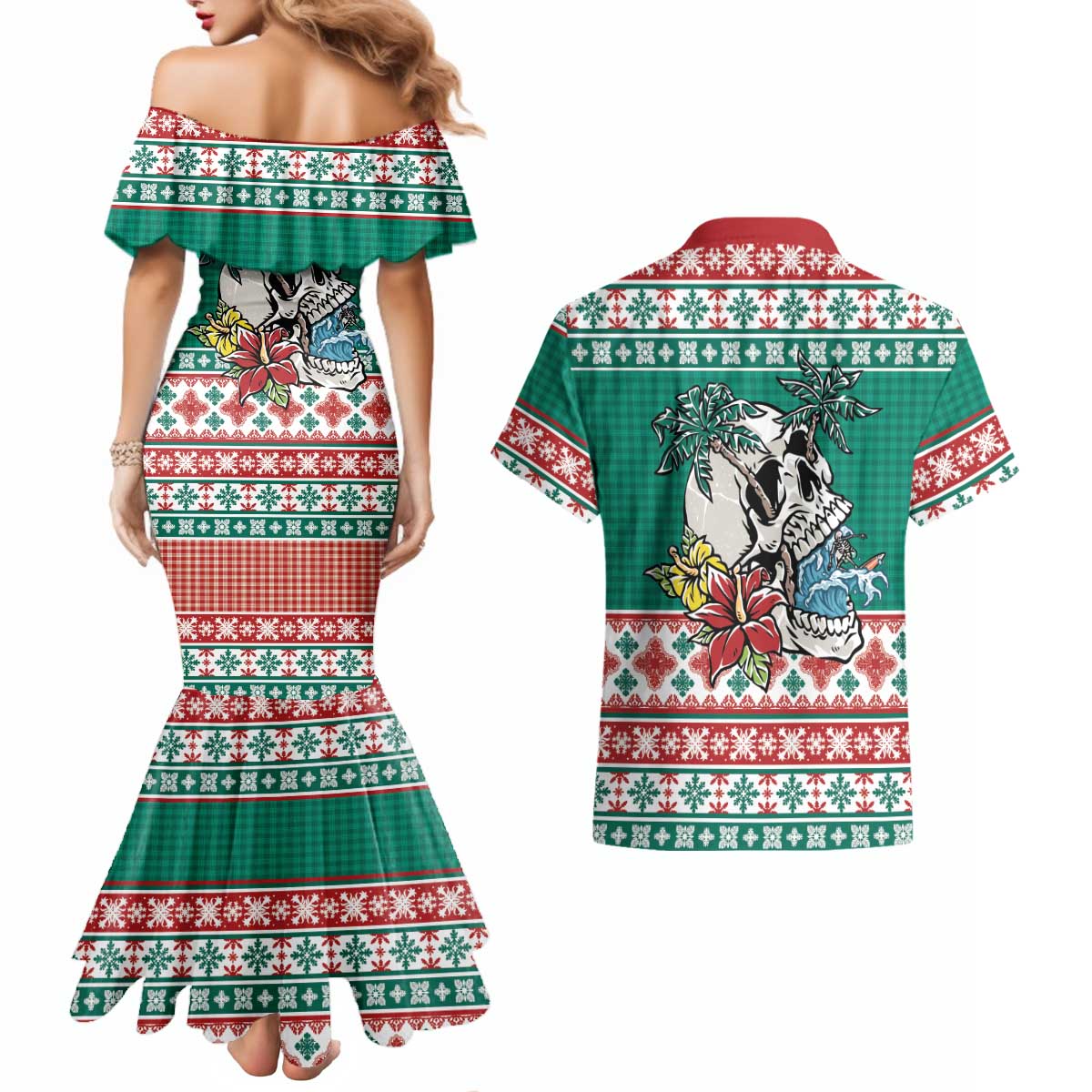 Hawaiian Skull Surfs Couples Matching Mermaid Dress and Hawaiian Shirt Mele Kalikimaka Palaka Quilt Pattern - Polynesian Pride