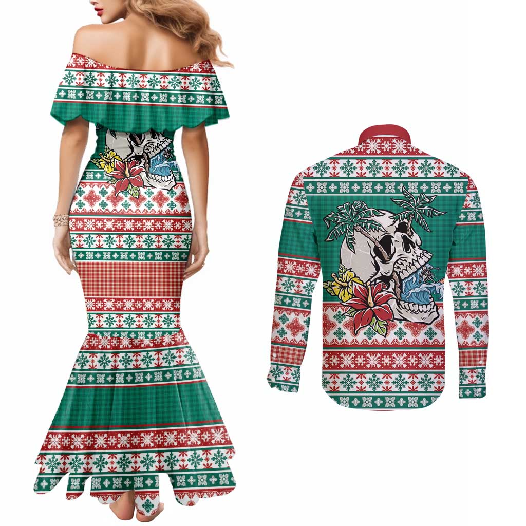 Hawaiian Skull Surfs Couples Matching Mermaid Dress and Long Sleeve Button Shirt Mele Kalikimaka Palaka Quilt Pattern - Polynesian Pride
