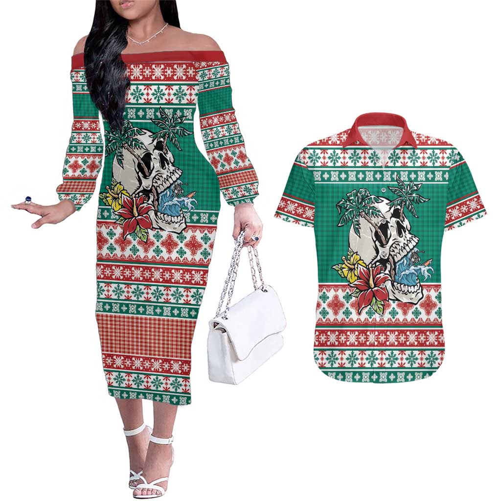 Hawaiian Skull Surfs Couples Matching Off The Shoulder Long Sleeve Dress and Hawaiian Shirt Mele Kalikimaka Palaka Quilt Pattern - Polynesian Pride
