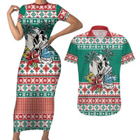 Hawaiian Skull Surfs Couples Matching Short Sleeve Bodycon Dress and Hawaiian Shirt Mele Kalikimaka Palaka Quilt Pattern - Polynesian Pride