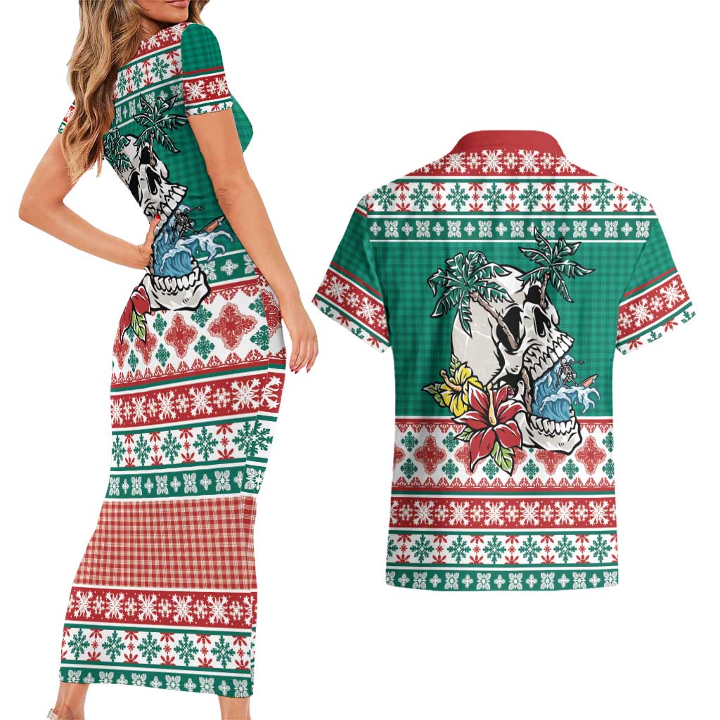 Hawaiian Skull Surfs Couples Matching Short Sleeve Bodycon Dress and Hawaiian Shirt Mele Kalikimaka Palaka Quilt Pattern - Polynesian Pride