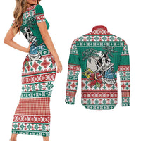 Hawaiian Skull Surfs Couples Matching Short Sleeve Bodycon Dress and Long Sleeve Button Shirt Mele Kalikimaka Palaka Quilt Pattern - Polynesian Pride