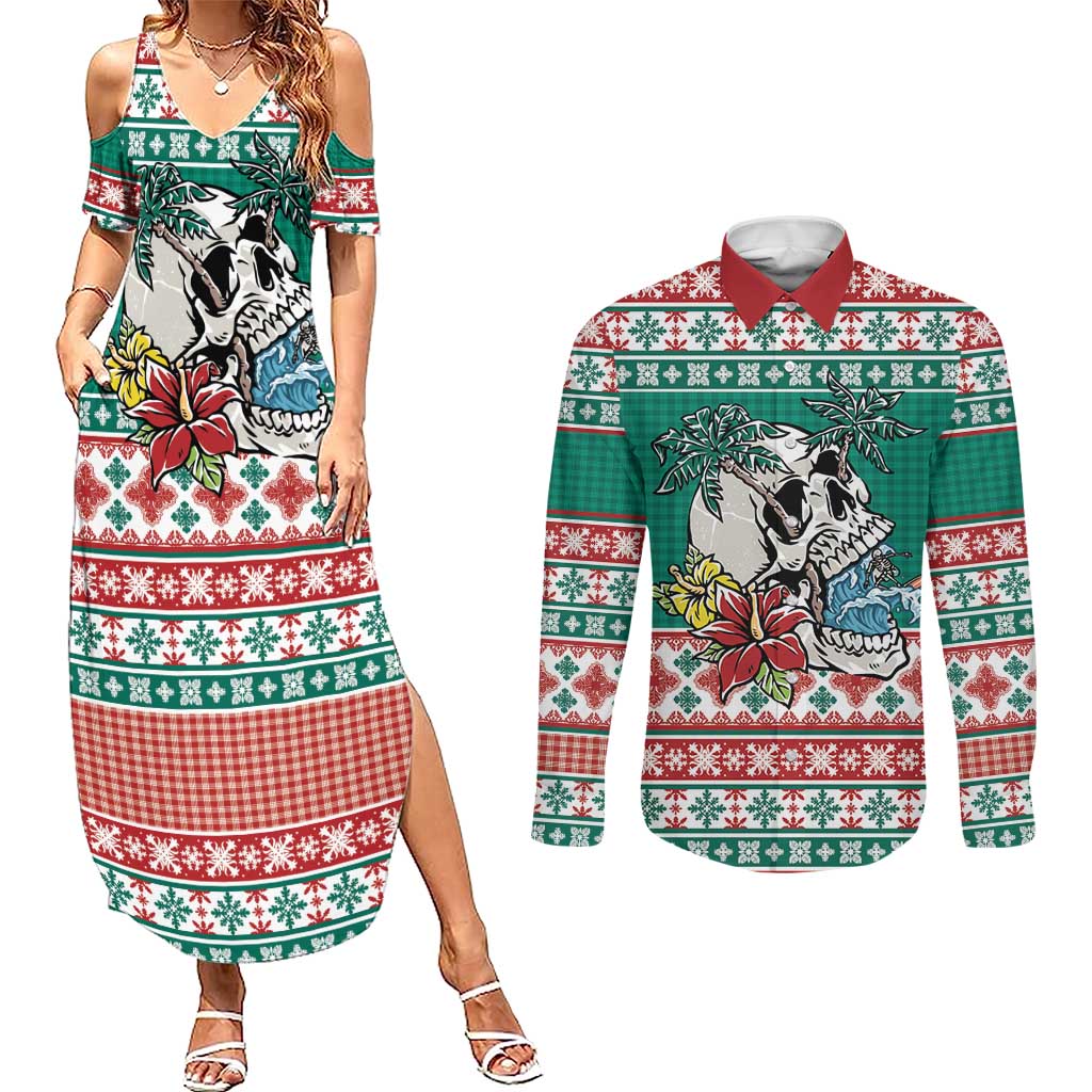 Hawaiian Skull Surfs Couples Matching Summer Maxi Dress and Long Sleeve Button Shirt Mele Kalikimaka Palaka Quilt Pattern - Polynesian Pride
