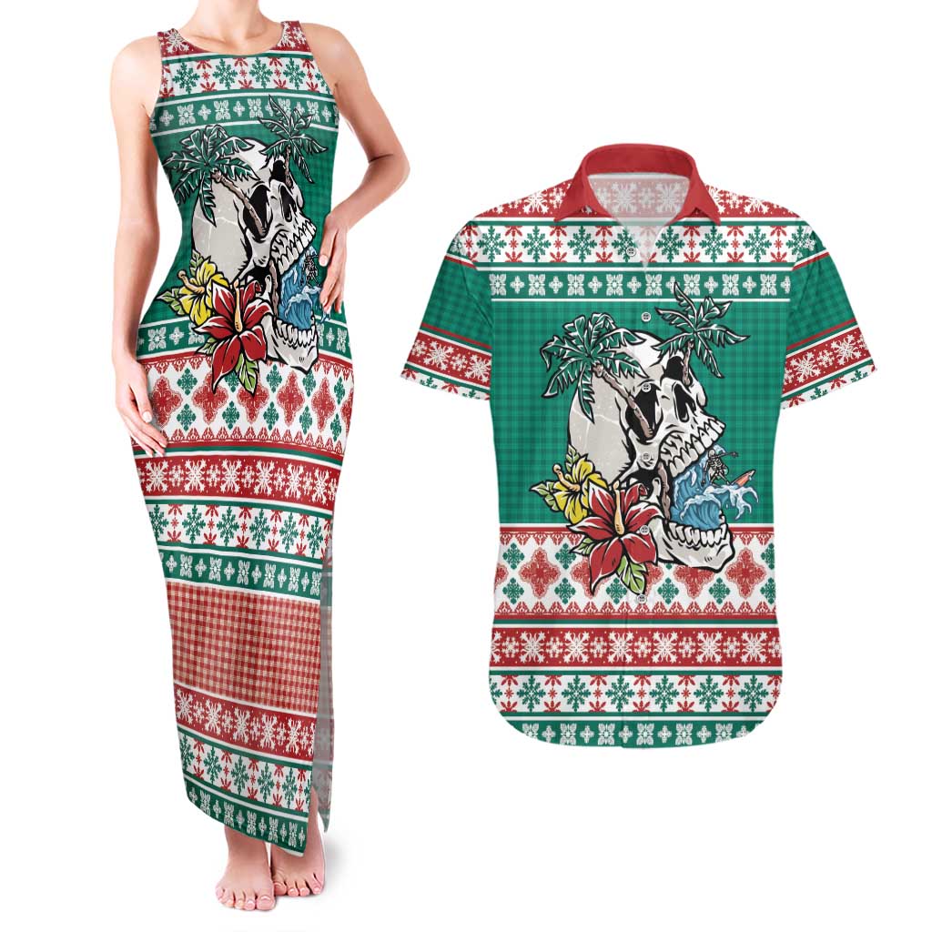 Hawaiian Skull Surfs Couples Matching Tank Maxi Dress and Hawaiian Shirt Mele Kalikimaka Palaka Quilt Pattern - Polynesian Pride