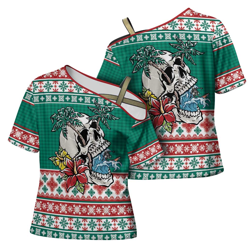 Hawaiian Skull Surfs Cross Shoulder Shirt Mele Kalikimaka Palaka Quilt Pattern - Polynesian Pride