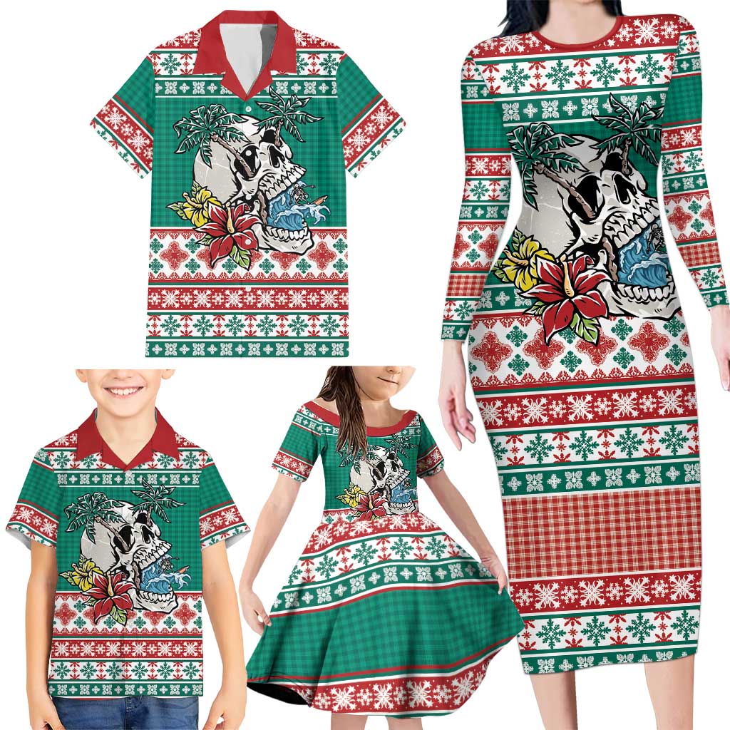 Hawaiian Skull Surfs Family Matching Long Sleeve Bodycon Dress and Hawaiian Shirt Mele Kalikimaka Palaka Quilt Pattern LT9 - Polynesian Pride