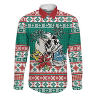 Hawaiian Skull Surfs Family Matching Long Sleeve Bodycon Dress and Hawaiian Shirt Mele Kalikimaka Palaka Quilt Pattern LT9 Dad's Shirt - Long Sleeve Green - Polynesian Pride