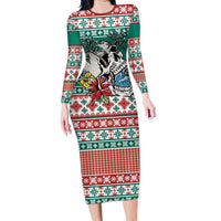 Hawaiian Skull Surfs Family Matching Long Sleeve Bodycon Dress and Hawaiian Shirt Mele Kalikimaka Palaka Quilt Pattern LT9 Green - Polynesian Pride