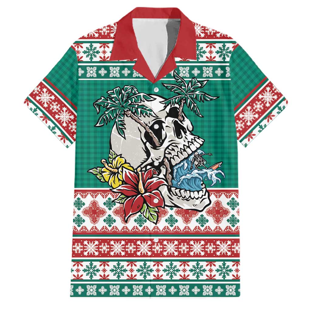 Hawaiian Skull Surfs Family Matching Mermaid Dress and Hawaiian Shirt Mele Kalikimaka Palaka Quilt Pattern LT9 Dad's Shirt - Short Sleeve Green - Polynesian Pride