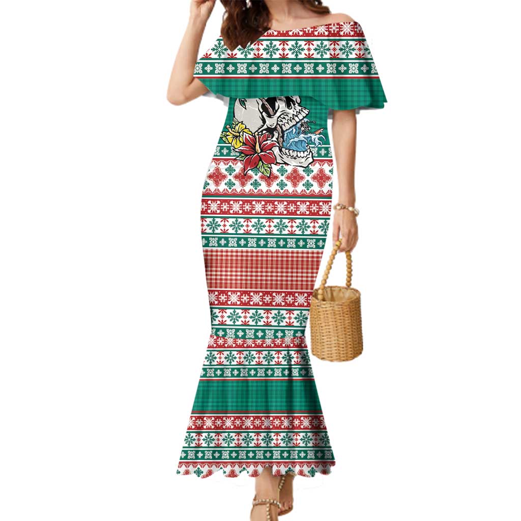 Hawaiian Skull Surfs Family Matching Mermaid Dress and Hawaiian Shirt Mele Kalikimaka Palaka Quilt Pattern LT9 Green - Polynesian Pride