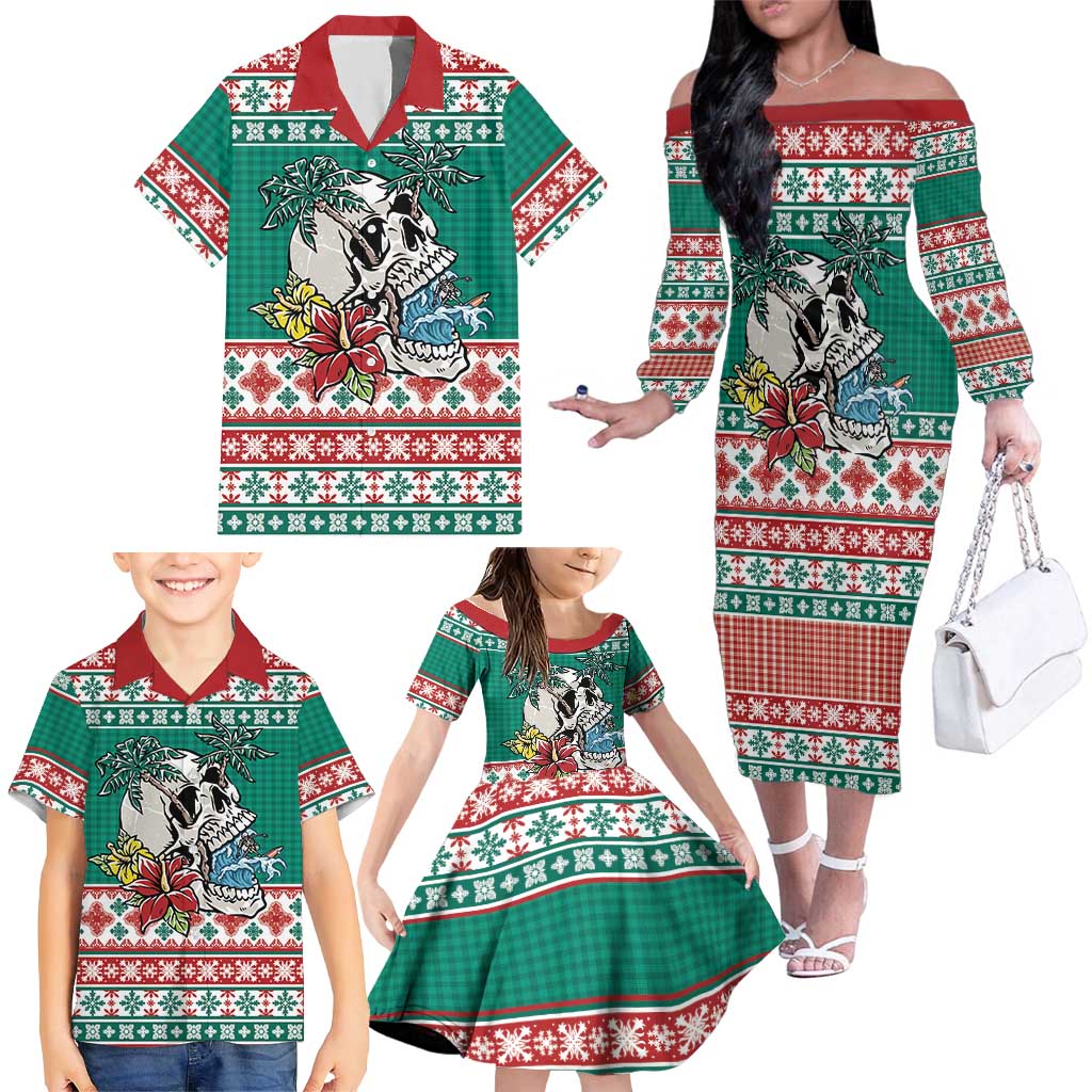 Hawaiian Skull Surfs Family Matching Off The Shoulder Long Sleeve Dress and Hawaiian Shirt Mele Kalikimaka Palaka Quilt Pattern LT9 - Polynesian Pride