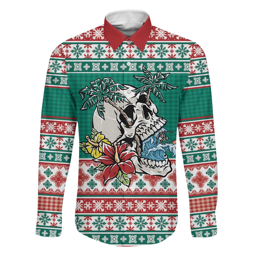 Hawaiian Skull Surfs Family Matching Off The Shoulder Long Sleeve Dress and Hawaiian Shirt Mele Kalikimaka Palaka Quilt Pattern LT9 Dad's Shirt - Long Sleeve Green - Polynesian Pride