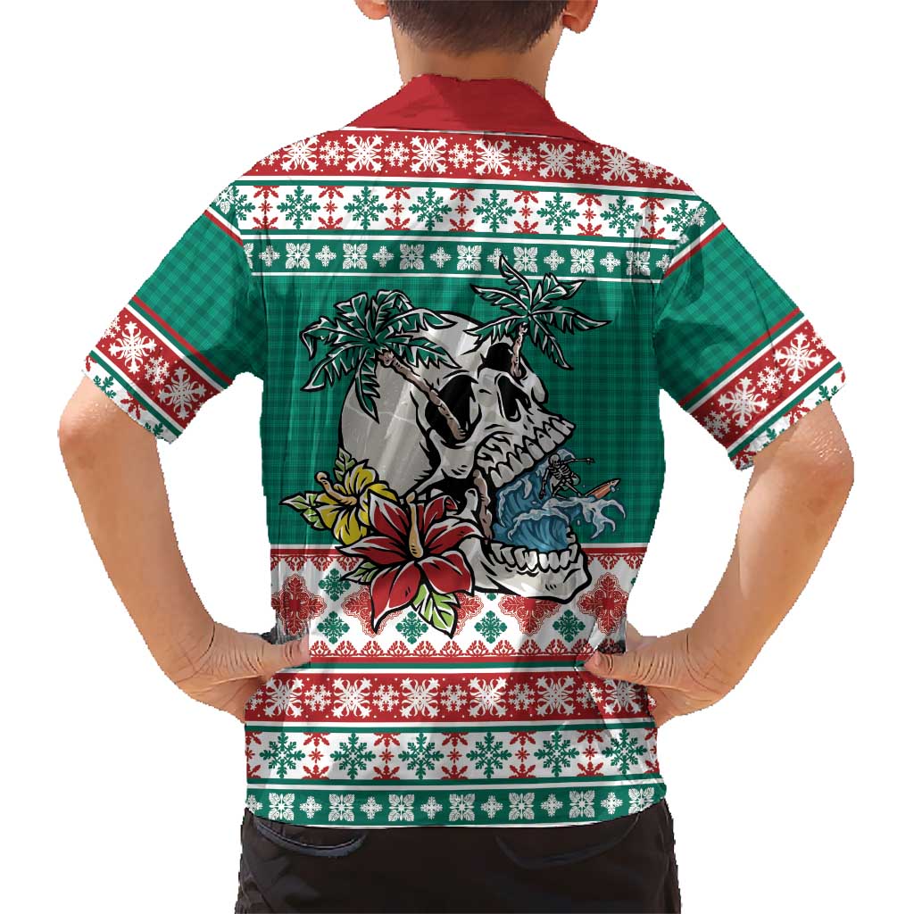 Hawaiian Skull Surfs Family Matching Off Shoulder Maxi Dress and Hawaiian Shirt Mele Kalikimaka Palaka Quilt Pattern - Polynesian Pride