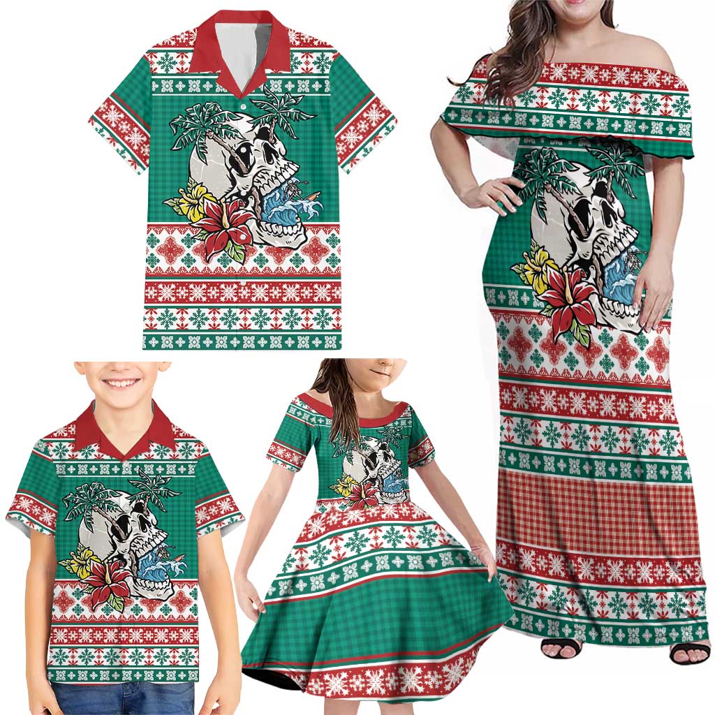 Hawaiian Skull Surfs Family Matching Off Shoulder Maxi Dress and Hawaiian Shirt Mele Kalikimaka Palaka Quilt Pattern - Polynesian Pride