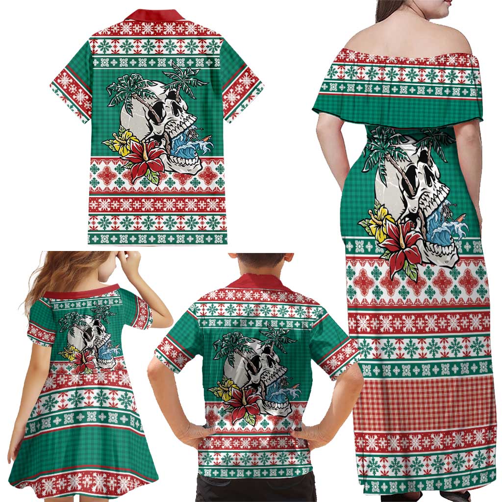 Hawaiian Skull Surfs Family Matching Off Shoulder Maxi Dress and Hawaiian Shirt Mele Kalikimaka Palaka Quilt Pattern - Polynesian Pride