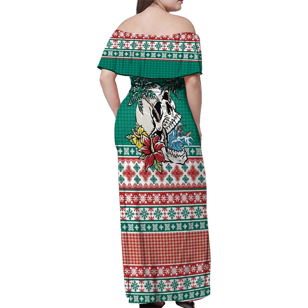 Hawaiian Skull Surfs Family Matching Off Shoulder Maxi Dress and Hawaiian Shirt Mele Kalikimaka Palaka Quilt Pattern - Polynesian Pride