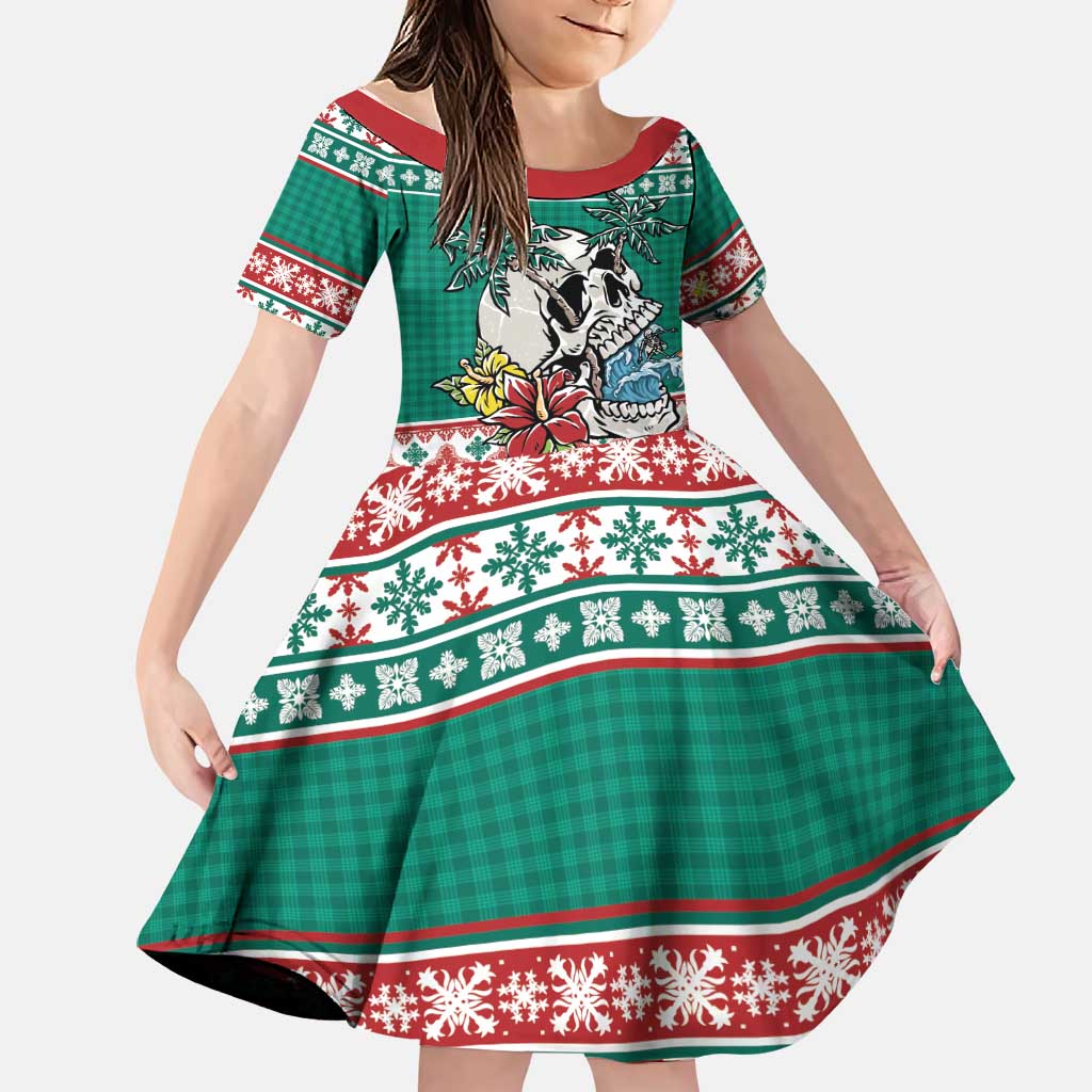 Hawaiian Skull Surfs Family Matching Off Shoulder Short Dress and Hawaiian Shirt Mele Kalikimaka Palaka Quilt Pattern - Polynesian Pride