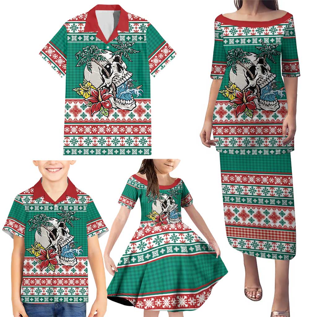 Hawaiian Skull Surfs Family Matching Puletasi and Hawaiian Shirt Mele Kalikimaka Palaka Quilt Pattern - Polynesian Pride