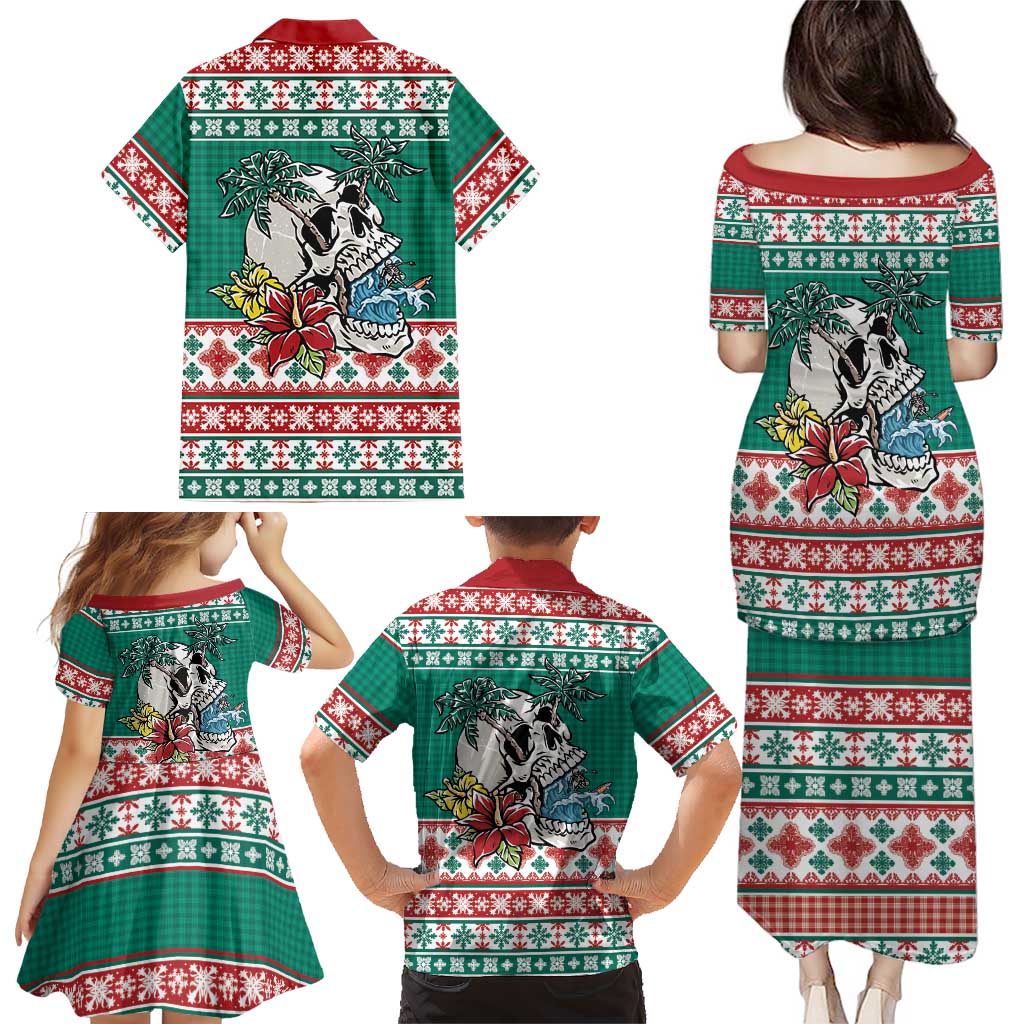 Hawaiian Skull Surfs Family Matching Puletasi and Hawaiian Shirt Mele Kalikimaka Palaka Quilt Pattern - Polynesian Pride