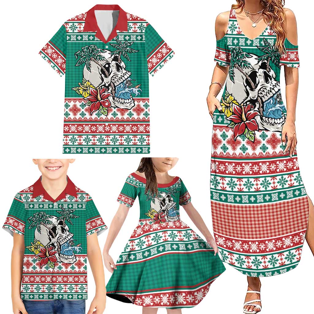 Hawaiian Skull Surfs Family Matching Summer Maxi Dress and Hawaiian Shirt Mele Kalikimaka Palaka Quilt Pattern - Polynesian Pride