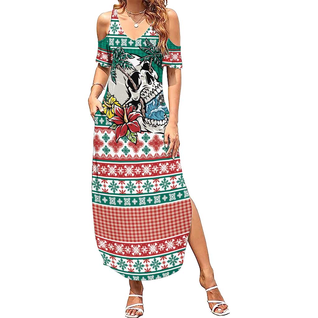 Hawaiian Skull Surfs Family Matching Summer Maxi Dress and Hawaiian Shirt Mele Kalikimaka Palaka Quilt Pattern - Polynesian Pride