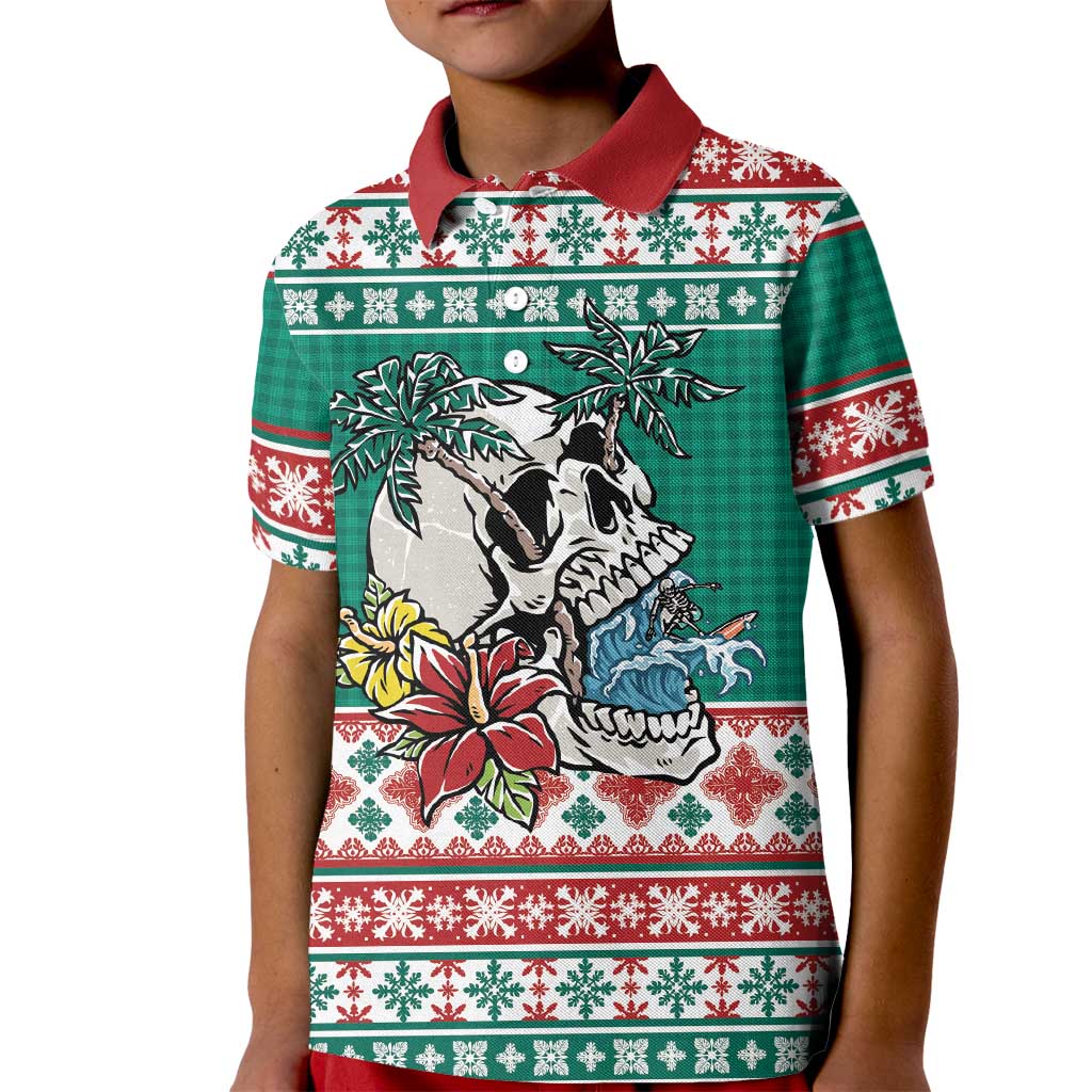 Hawaiian Skull Surfs Kid Polo Shirt Mele Kalikimaka Palaka Quilt Pattern - Polynesian Pride
