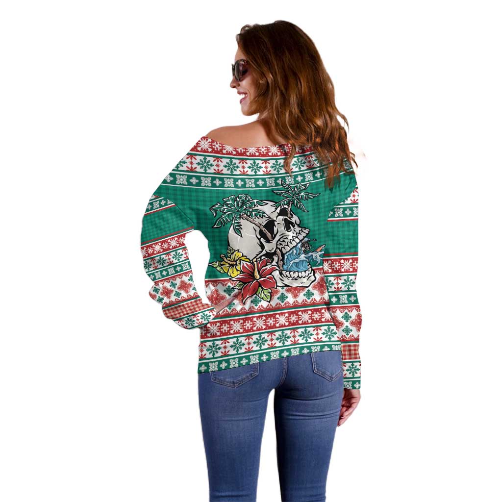 Hawaiian Skull Surfs Off Shoulder Sweater Mele Kalikimaka Palaka Quilt Pattern - Polynesian Pride