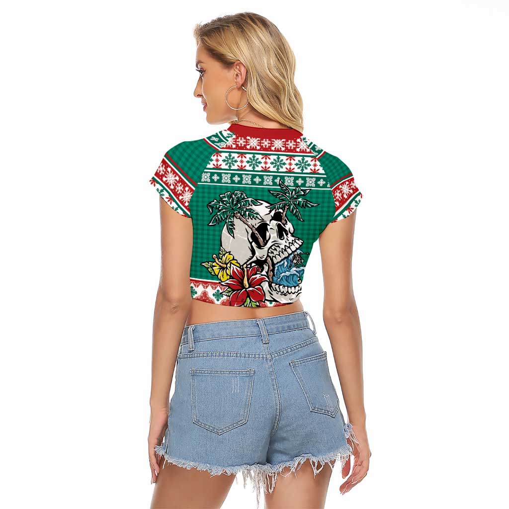 Hawaiian Skull Surfs Raglan Cropped T Shirt Mele Kalikimaka Palaka Quilt Pattern LT9 - Polynesian Pride