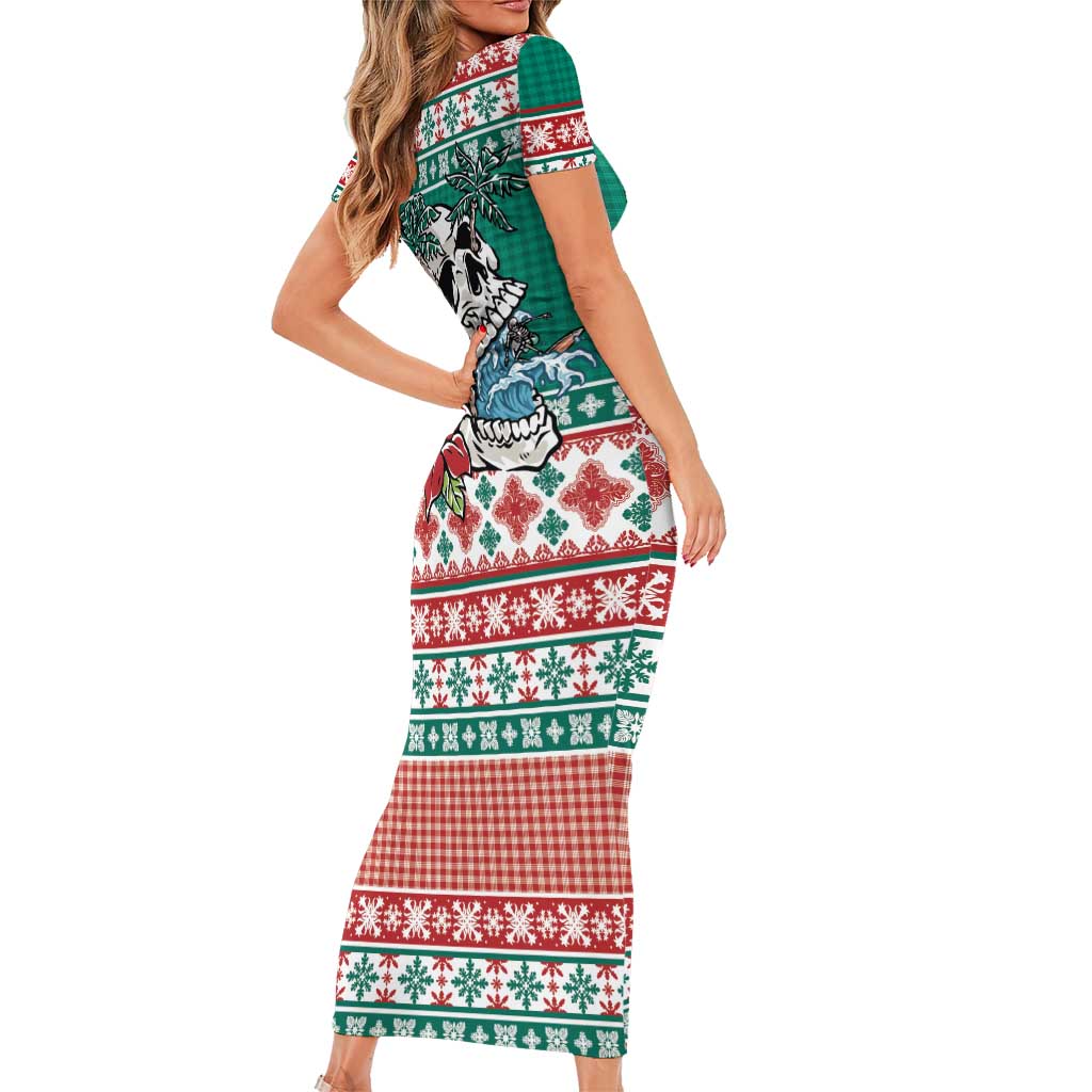 Hawaiian Skull Surfs Short Sleeve Bodycon Dress Mele Kalikimaka Palaka Quilt Pattern - Polynesian Pride