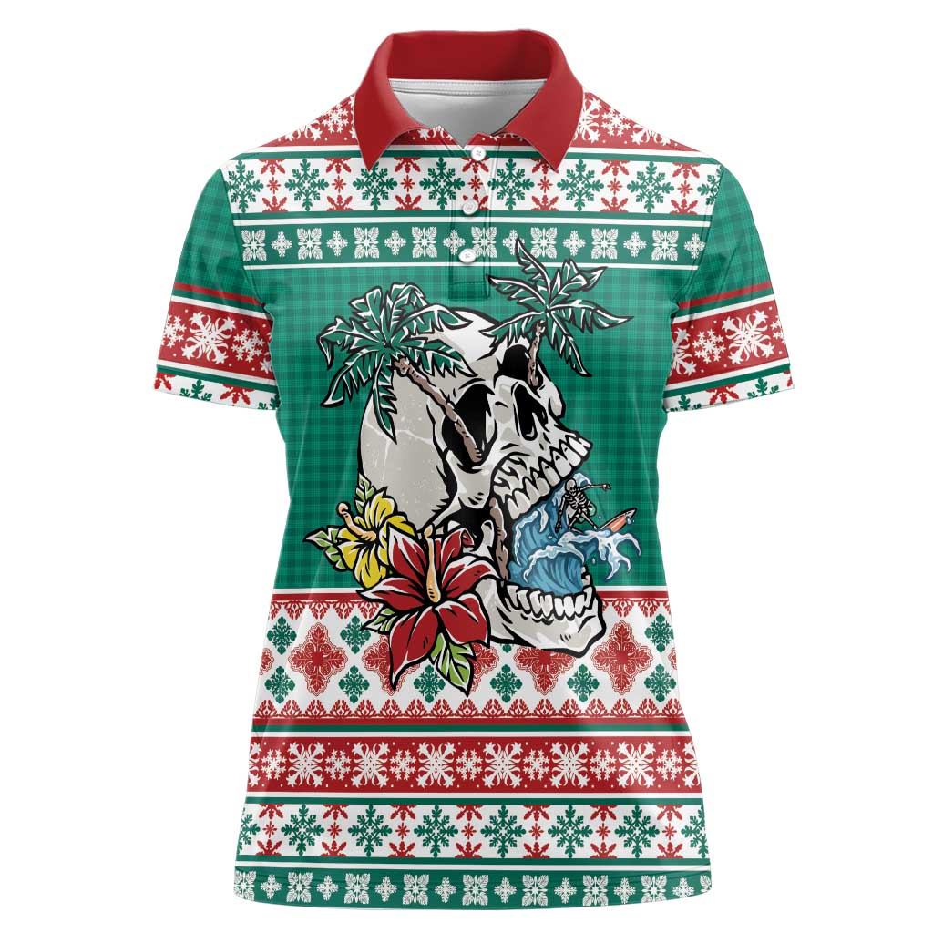 Hawaiian Skull Surfs Women Polo Shirt Mele Kalikimaka Palaka Quilt Pattern - Polynesian Pride