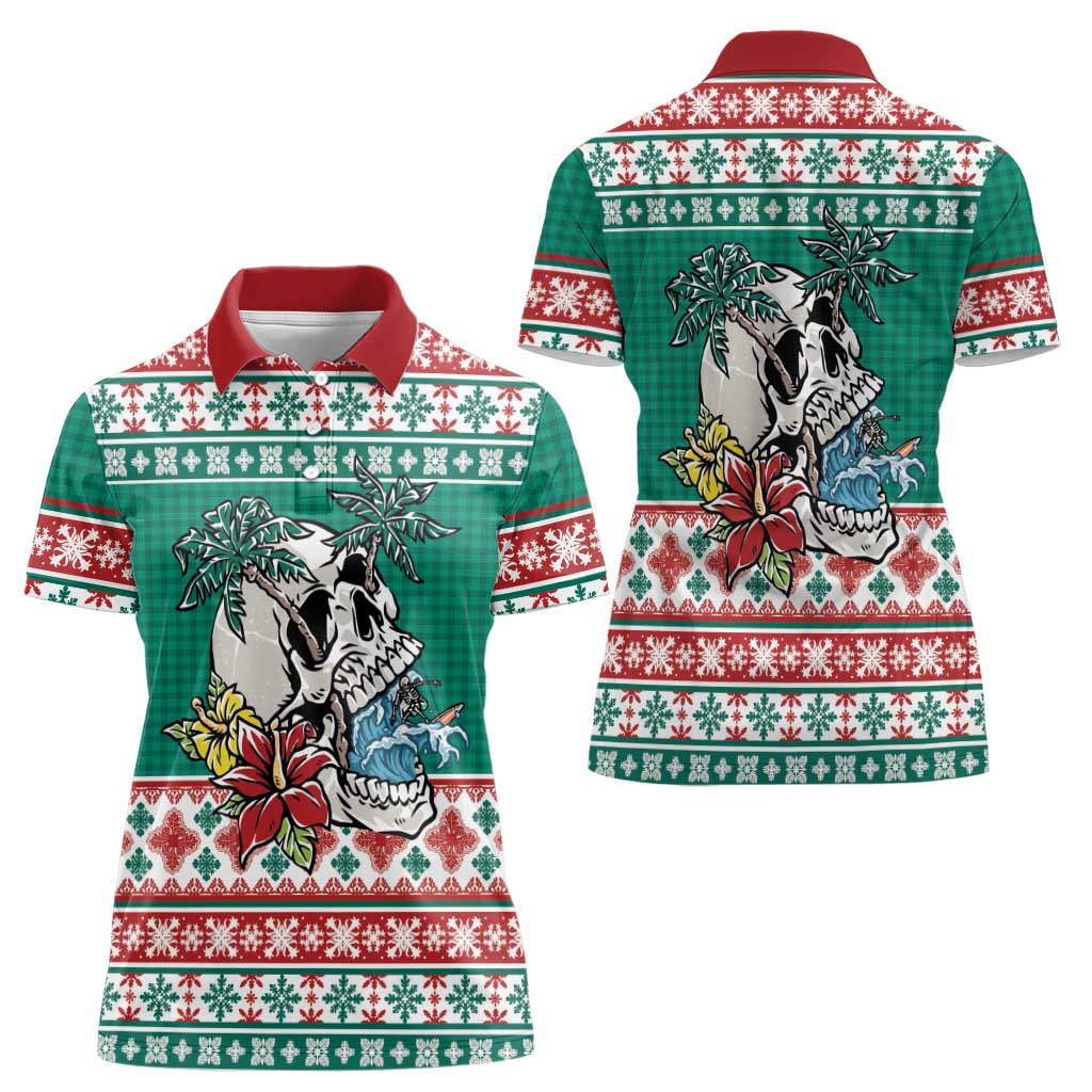Hawaiian Skull Surfs Women Polo Shirt Mele Kalikimaka Palaka Quilt Pattern - Polynesian Pride