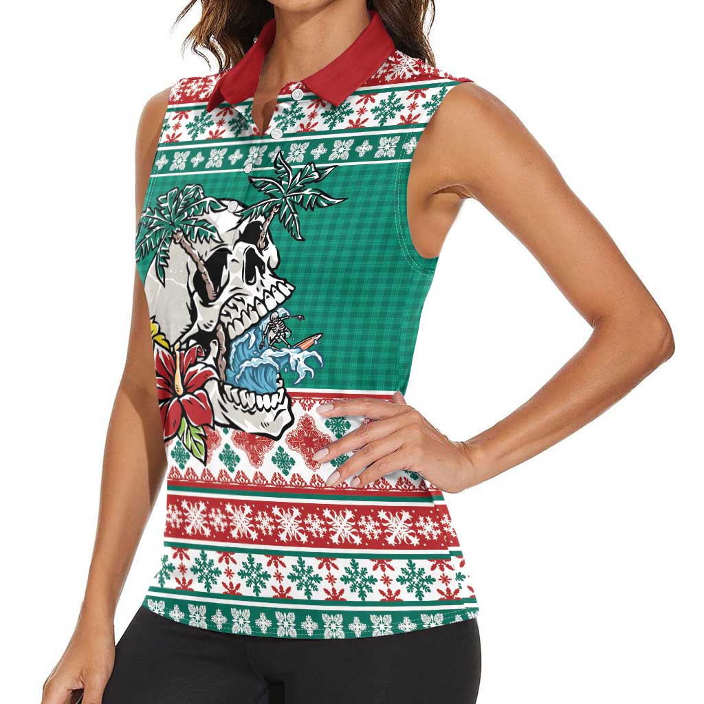 Hawaiian Skull Surfs Women Sleeveless Polo Shirt Mele Kalikimaka Palaka Quilt Pattern - Polynesian Pride