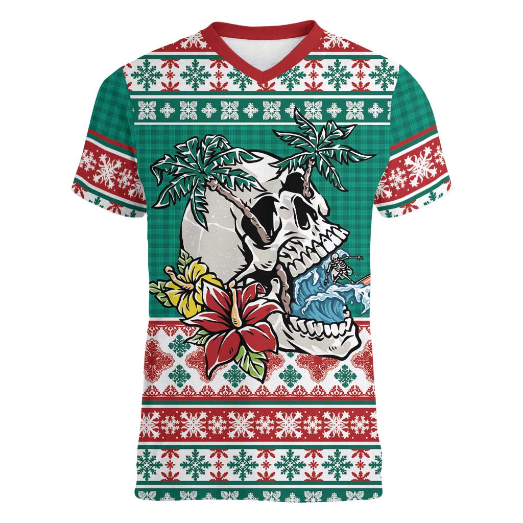 Hawaiian Skull Surfs Women V-Neck T-Shirt Mele Kalikimaka Palaka Quilt Pattern - Polynesian Pride