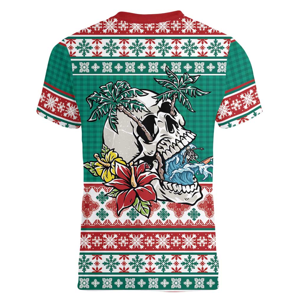 Hawaiian Skull Surfs Women V-Neck T-Shirt Mele Kalikimaka Palaka Quilt Pattern - Polynesian Pride