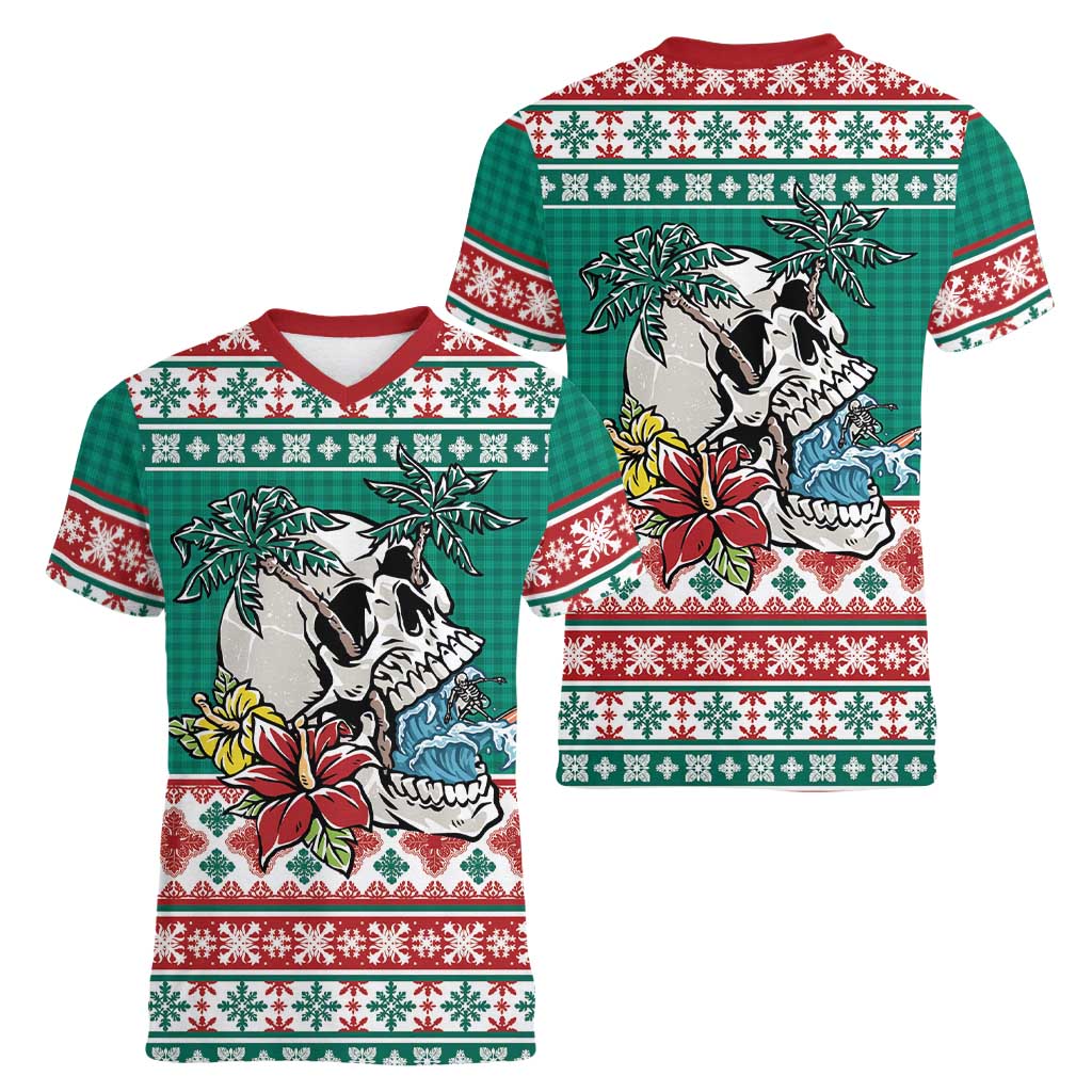 Hawaiian Skull Surfs Women V-Neck T-Shirt Mele Kalikimaka Palaka Quilt Pattern - Polynesian Pride