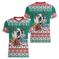 Hawaiian Skull Surfs Women V-Neck T-Shirt Mele Kalikimaka Palaka Quilt Pattern - Polynesian Pride