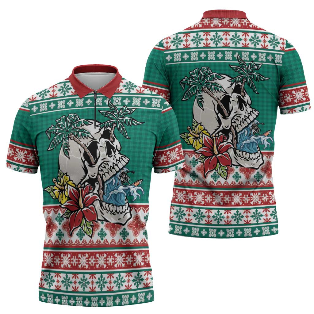 Hawaiian Skull Surfs Zipper Polo Shirt Mele Kalikimaka Palaka Quilt Pattern LT9 - Polynesian Pride