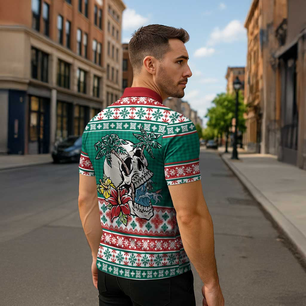 Hawaiian Skull Surfs Zipper Polo Shirt Mele Kalikimaka Palaka Quilt Pattern LT9 - Polynesian Pride