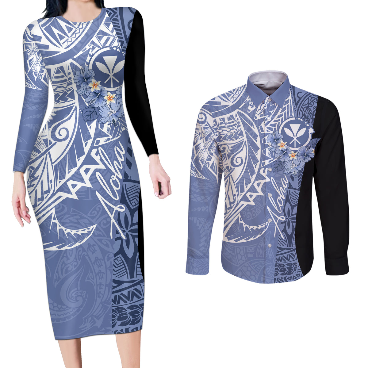 Aloha Vintage Hawaii Tribal Couples Matching Long Sleeve Bodycon Dress and Long Sleeve Button Shirt Blue Style LT9 Blue - Polynesian Pride