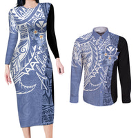 Aloha Vintage Hawaii Tribal Couples Matching Long Sleeve Bodycon Dress and Long Sleeve Button Shirt Blue Style LT9 Blue - Polynesian Pride