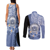 Aloha Vintage Hawaii Tribal Couples Matching Tank Maxi Dress and Long Sleeve Button Shirt Blue Style LT9 - Polynesian Pride