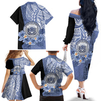 Aloha Vintage Hawaii Tribal Family Matching Off Shoulder Long Sleeve Dress and Hawaiian Shirt Blue Style LT9 - Polynesian Pride