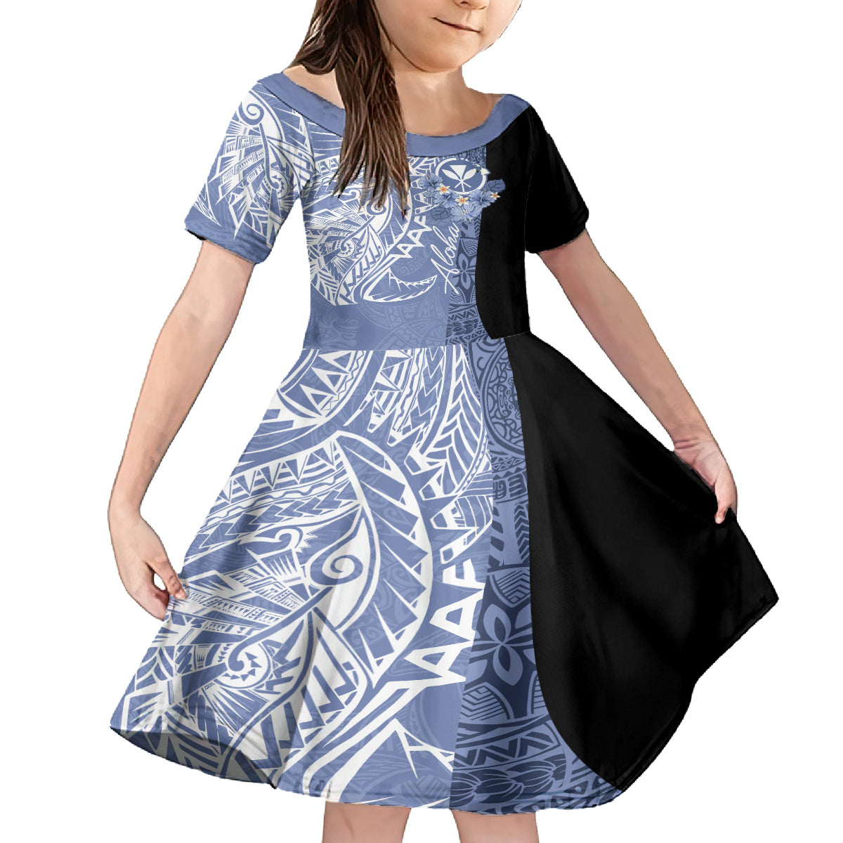 Aloha Vintage Hawaii Tribal Family Matching Tank Maxi Dress and Hawaiian Shirt Blue Style LT9 Daughter's Dress Blue - Polynesian Pride